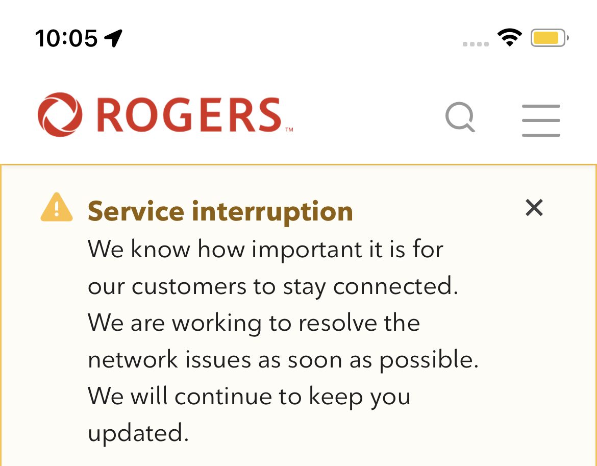 Rogers service outage message on July 8th, 2022