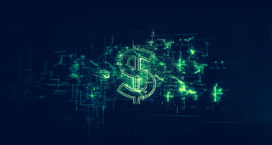 Symbole dollar lumineux vert sur fond bleu foncé, entouré de lignes numériques, évoquant la finance digitale.