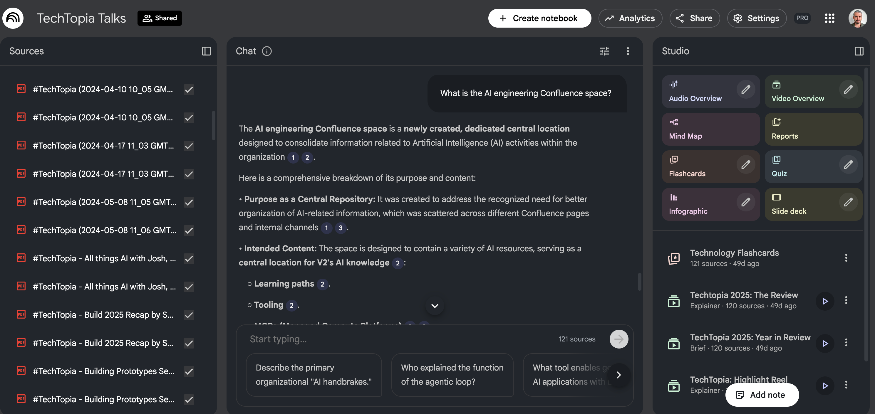 Screenshot of a Google NotebookLM knowledge repository, showing AI-generated summaries, source documents, and project information in one workspace.