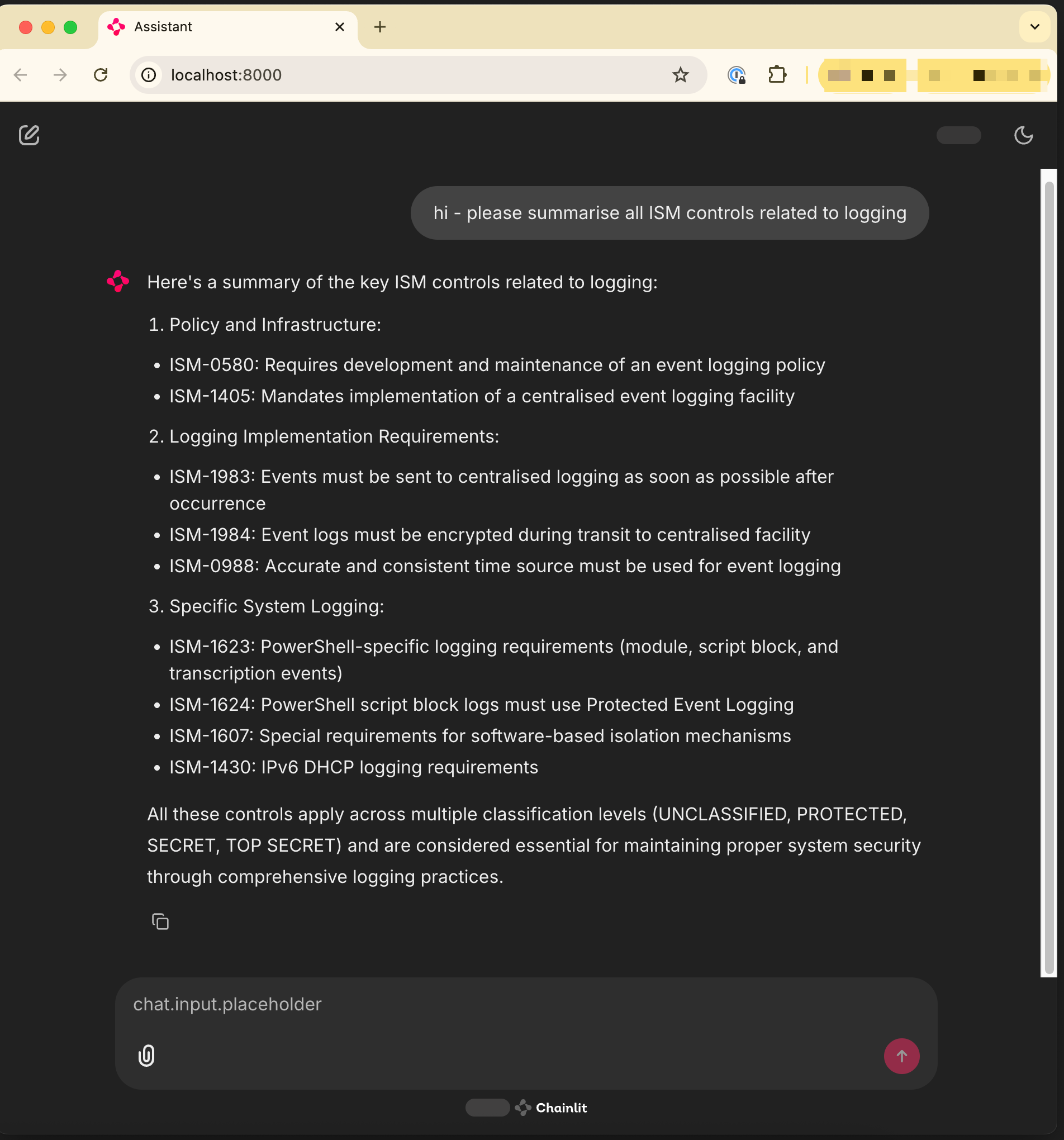 Screenshot of the AI security assistant in action