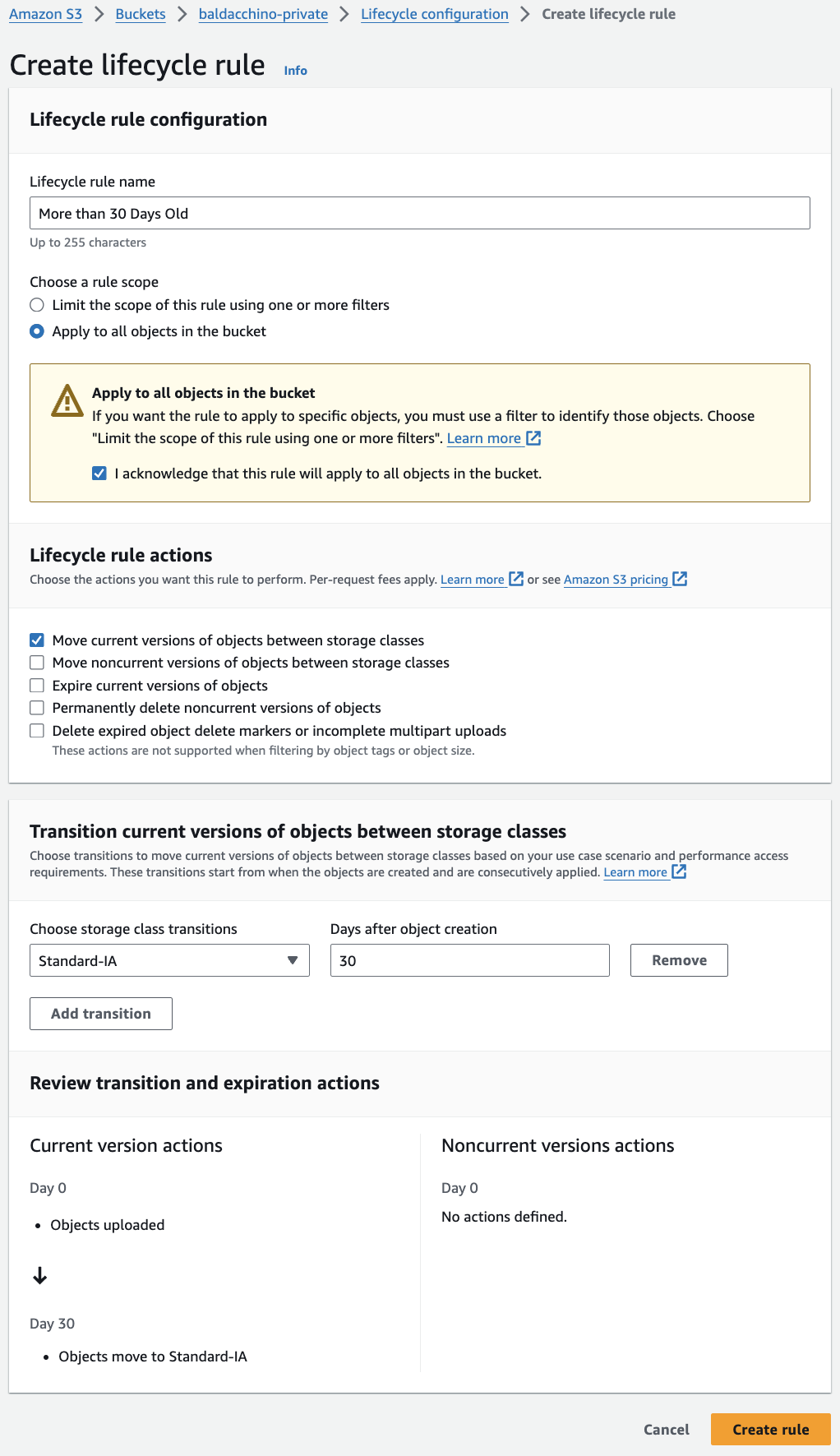 Amazon S3 create a lifecycle rule 