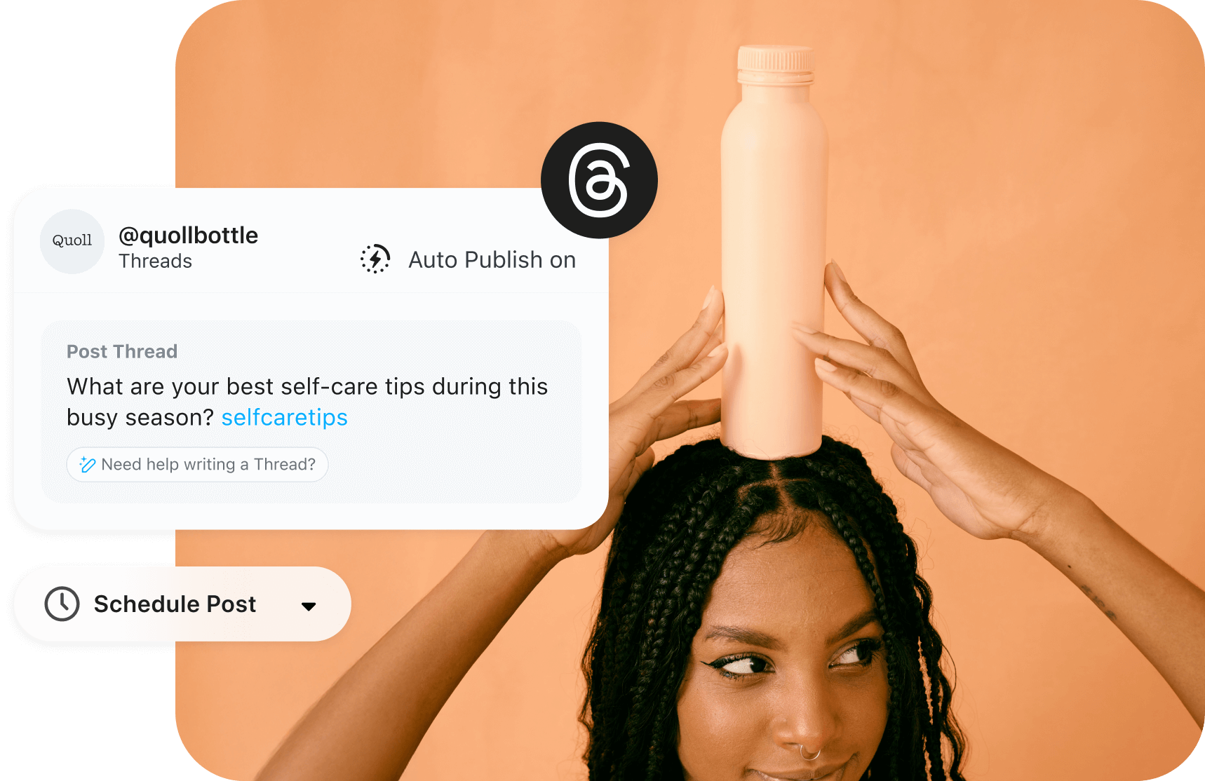 Water bottle brand auto publishes a Threads post about self-care using the Later Threads Scheduler