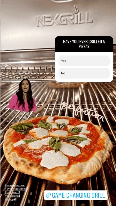 Instagram story still of a pizza on a barbeque next to a poll asking users if they have ever grilled a pizza