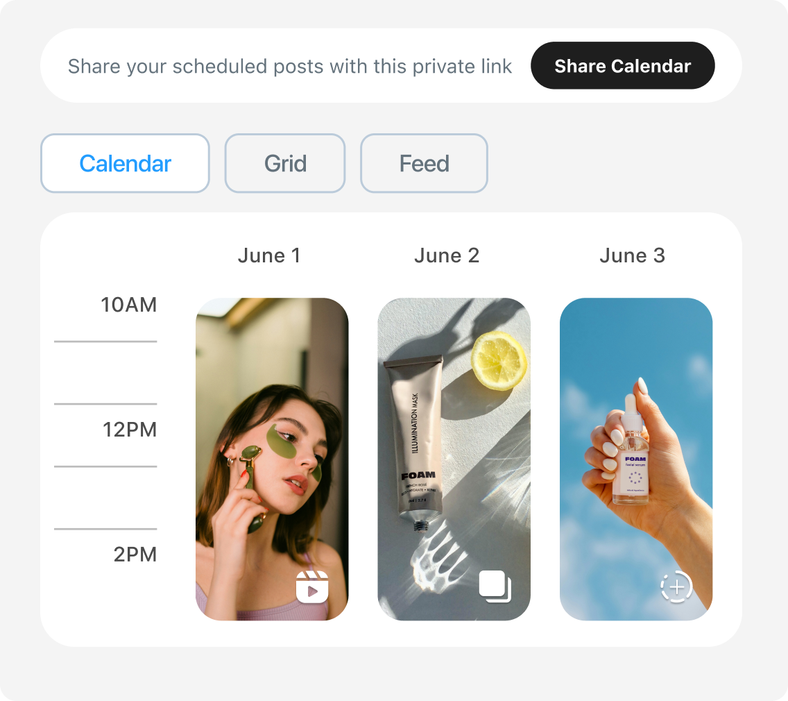 Beauty brand schedules social posts in their Later Social Media Management calendar to be reviewed by their internal team