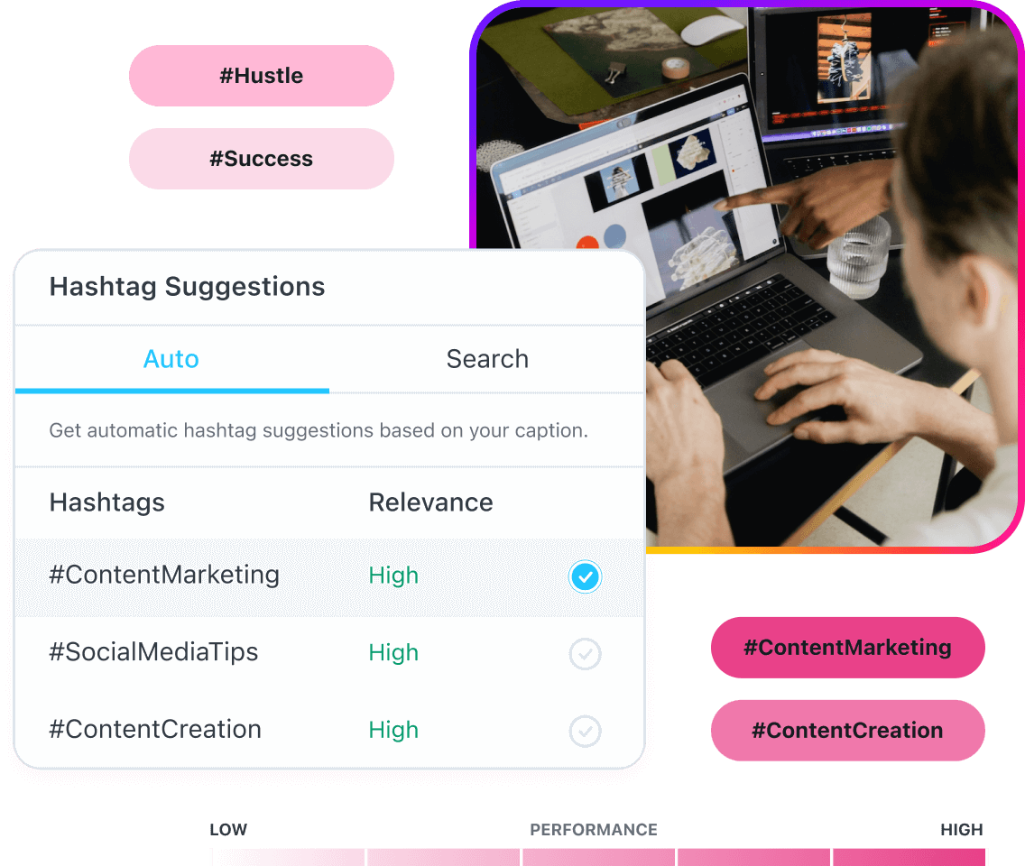 Later Hashtag Suggestions showcasing how to get automatic hashtag suggestions based on your caption