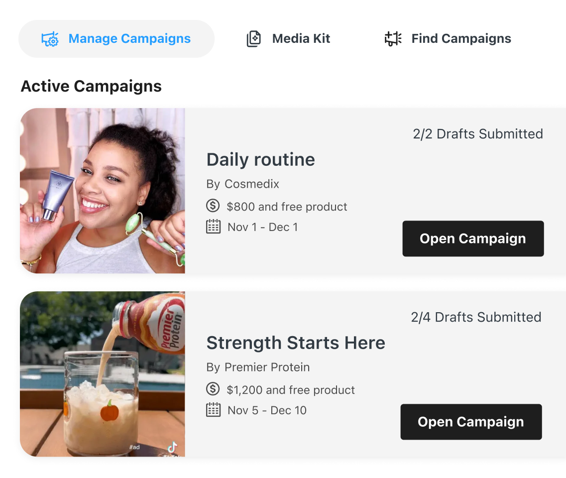 Manage active campaigns, review your media kit and find new campaigns with Later