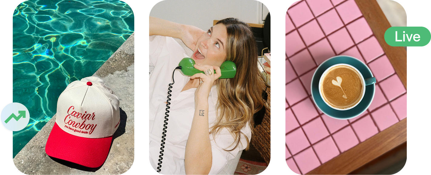 Triptych of a Caviar Cowboy hat by a pool, an influencer on the phone, and cup of coffee latte art