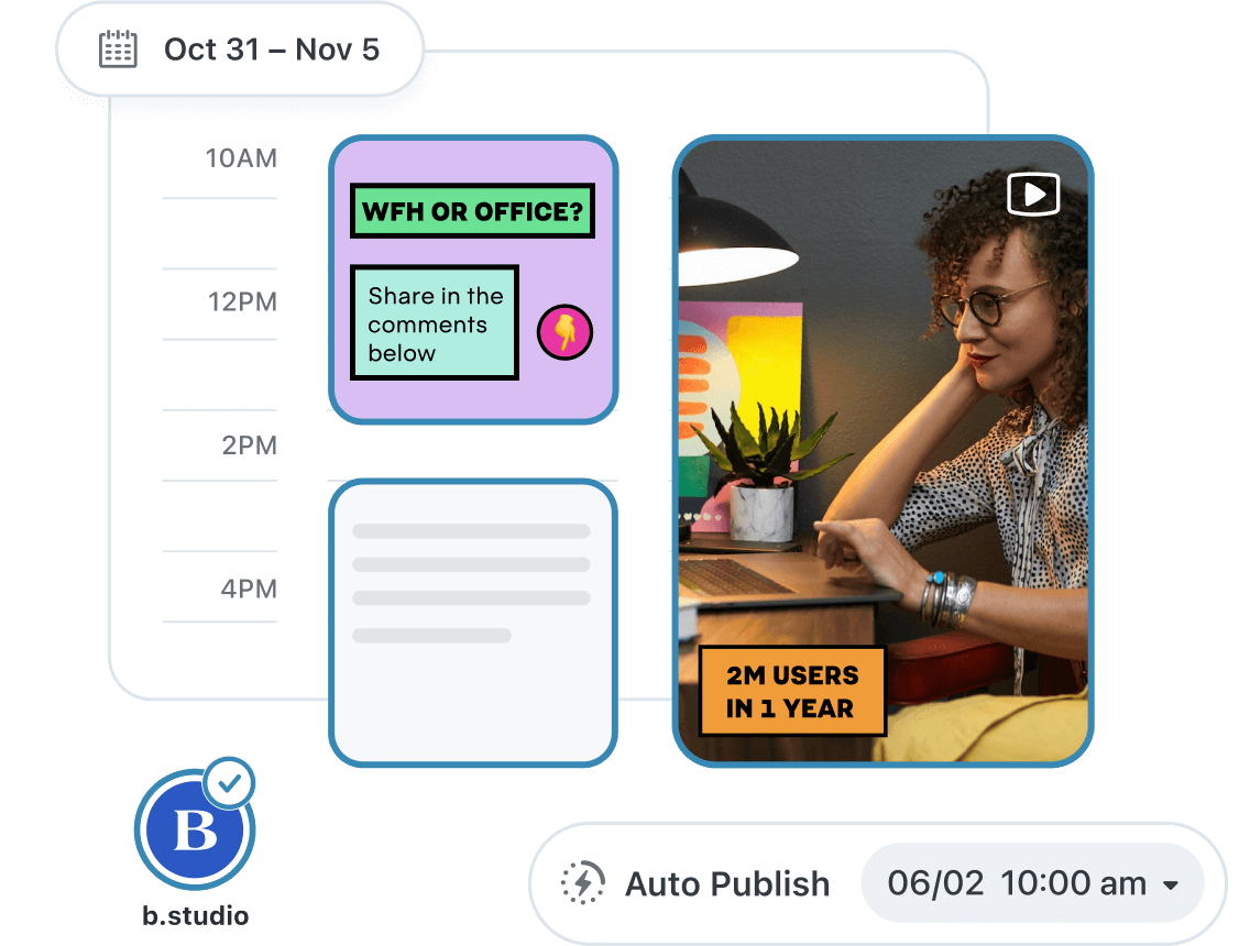 B Studio schedules an infographic poll and a video of a woman on a laptop with Later LinkedIn post Scheduler