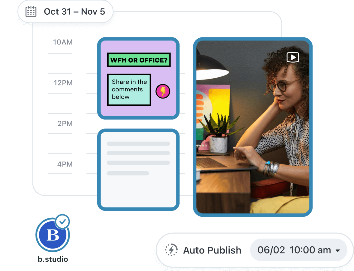 B Studio schedules an infographic poll and a video of a woman on a laptop with Later LinkedIn post Scheduler
