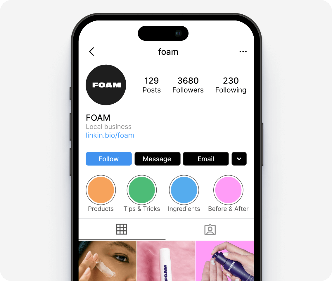Customer clicks on Foam’s Link in Bio page on Instagram to purchase a lipstick on their website