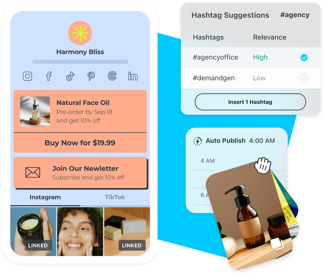 Small business uses Later and Link in Bio tools to auto post social content, make sales, track revenue and find hashtags