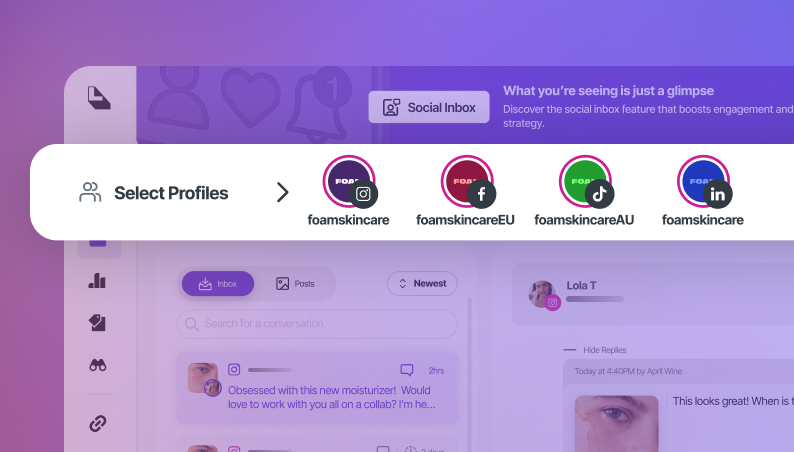 Later's social inbox displaying side-by-side conversations from Instagram, Facebook, and TikTok accounts.