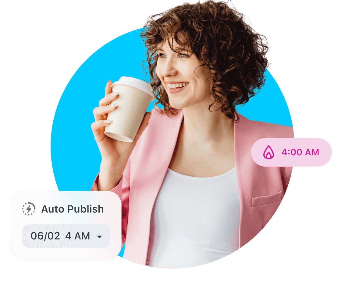Woman in pink blazer sips coffee while auto publishing posts at their Best Time to Post