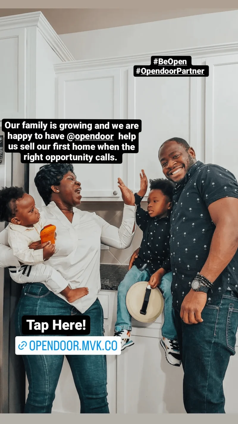 Instagram story with a young family celebrating using OpenDoor to sell their first home