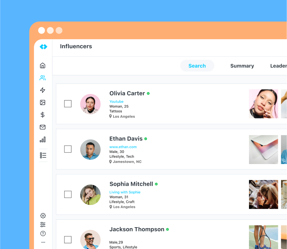 Screenshot of creator database in Later Influence platform