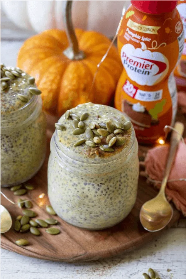 Chia pudding made with pumpkin spice protein shake next to key campaign results