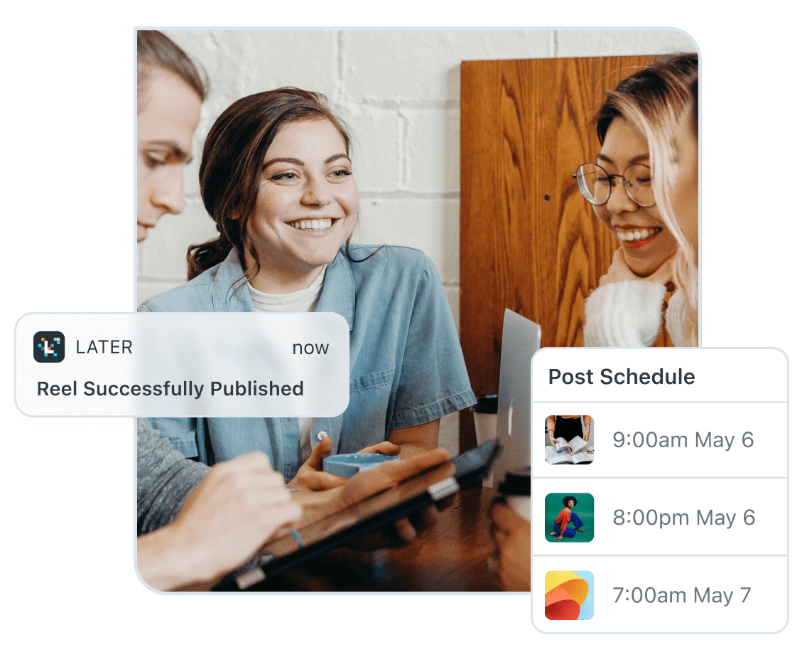 Tres jóvenes usan el planificador de redes sociales de Later para programar 3 publicaciones y auto publicar un Reel de Instagram.