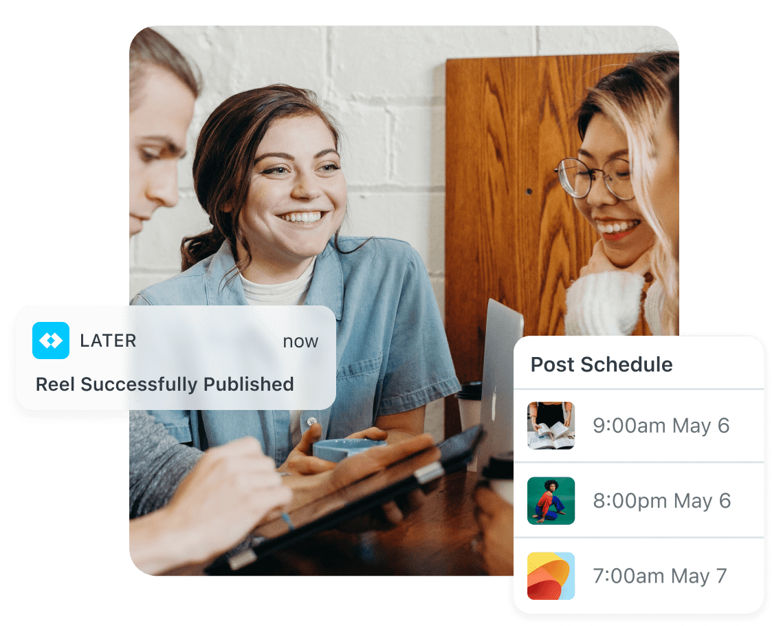 Three young people use the Later social media scheduler to schedule 3 social media posts and auto post an Instagram Reel