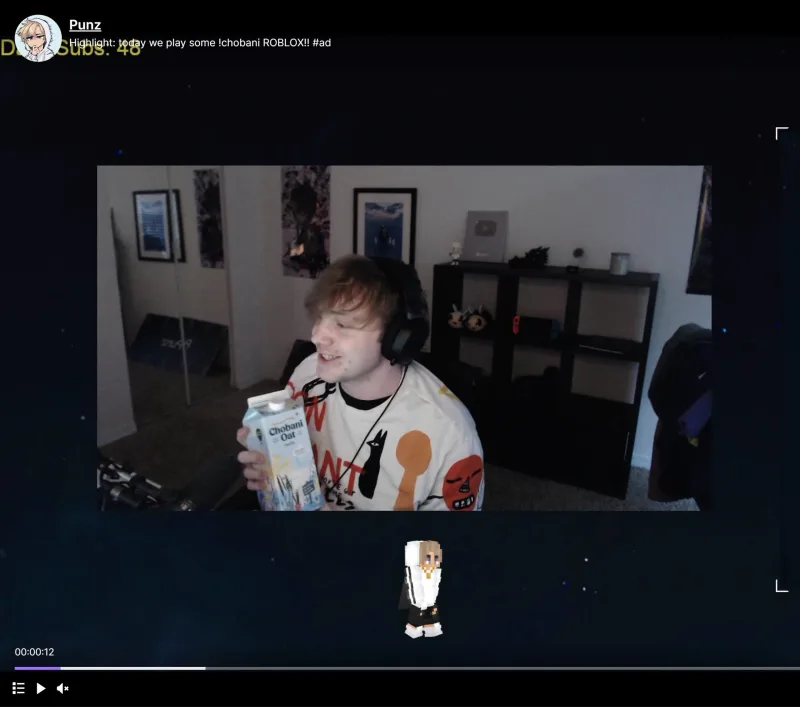Twitch influencer Punz holding a Chobani Oat product in a live stream with impressive campaign results