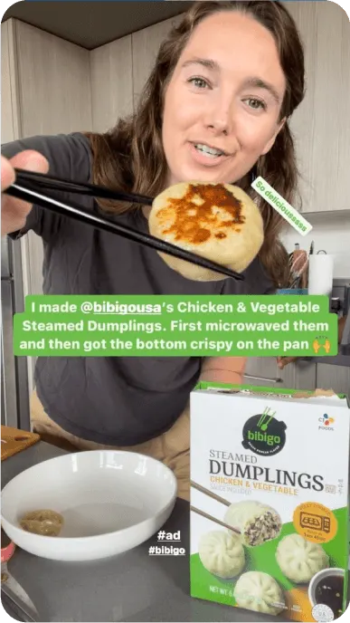 Still from Instagram where creator shows how to make bibigo chicken and vegetable steamed dumplings