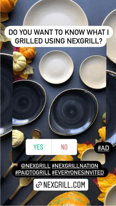 A still from an Instagram story with white and black plates in background promoting Nexgrill products