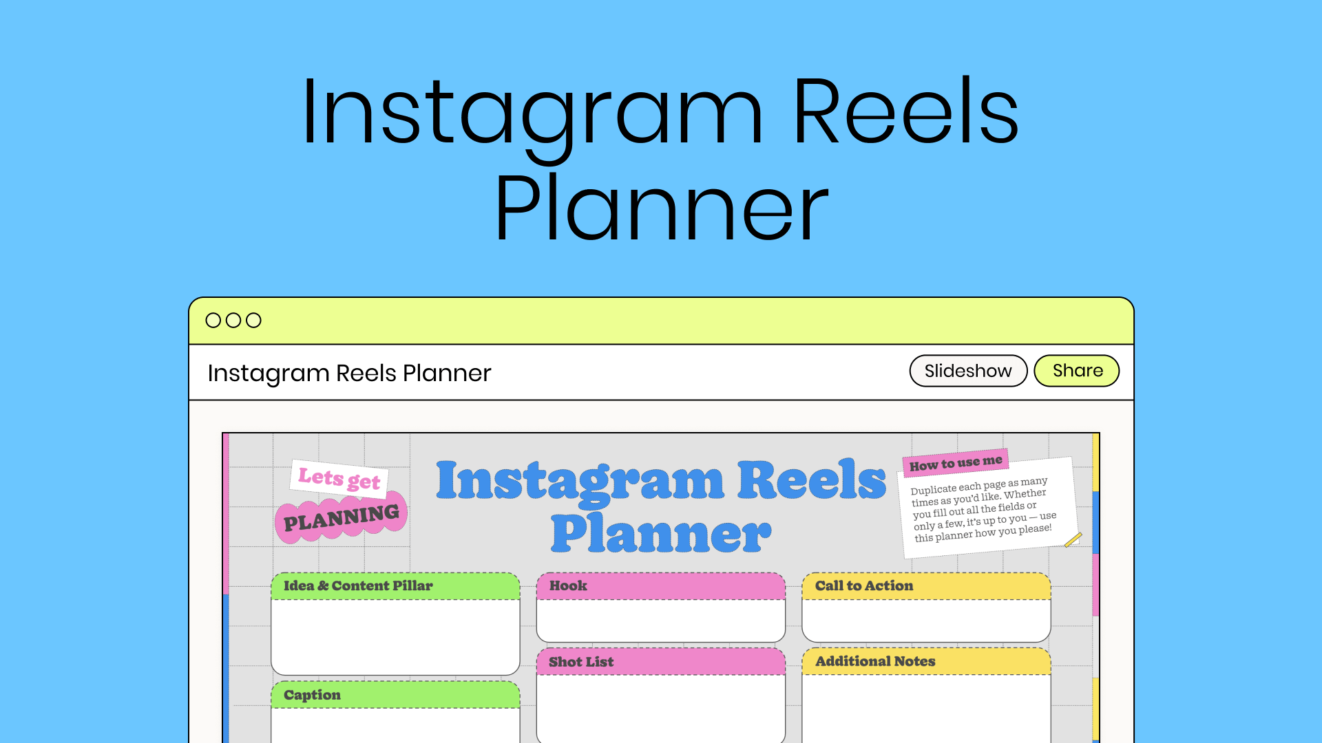 Image with Instagram Reels Planner written on blue background with graphic of Reels Planning pdf