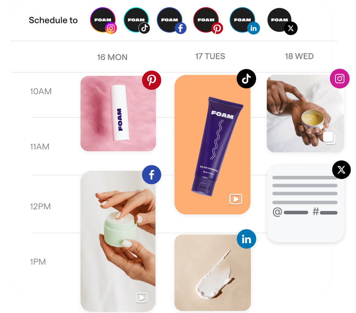 Schedule for Instagram, TikTok, Facebook, YouTube, LinkedIn, Pinterest and X using the Later social media content calendar