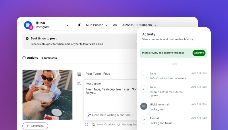 Later's approval view showing internal team sign-offs and external client comments on a scheduled post.