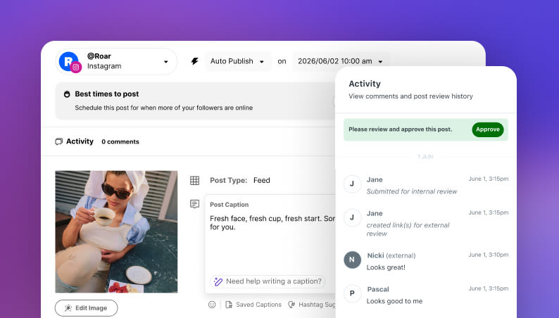 Later's approval view showing internal team sign-offs and external client comments on a scheduled post.
