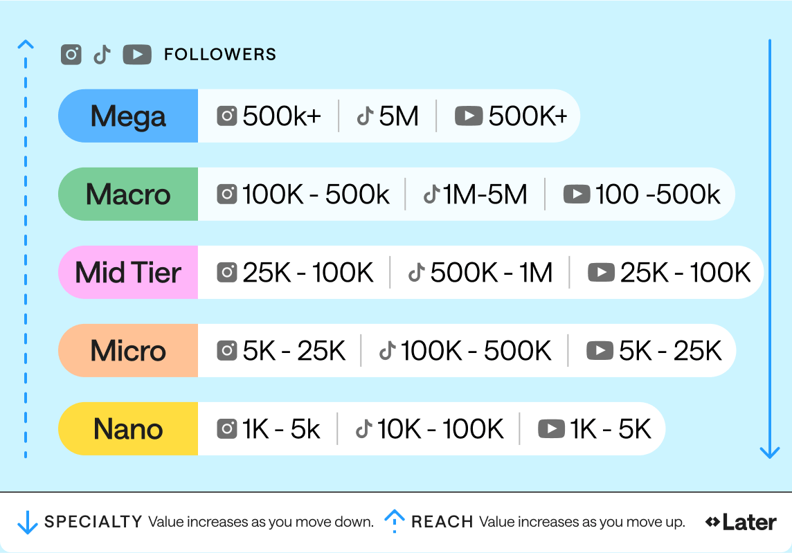 Chart of Influencer Type broken down by number of followers by social media platform