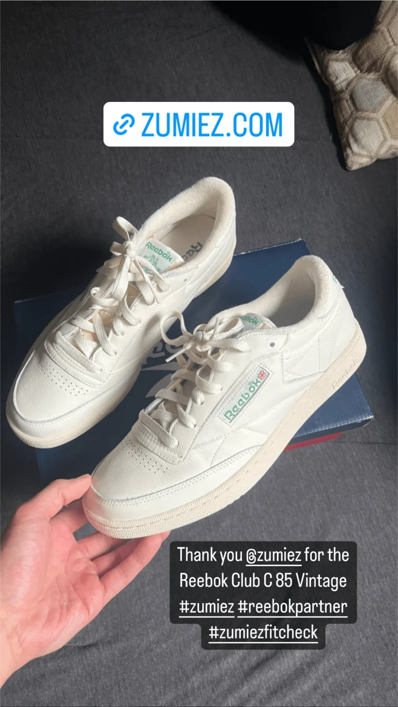 Instagram story post featuring Reebok Club C shoes with a link to purchase at Zumiez