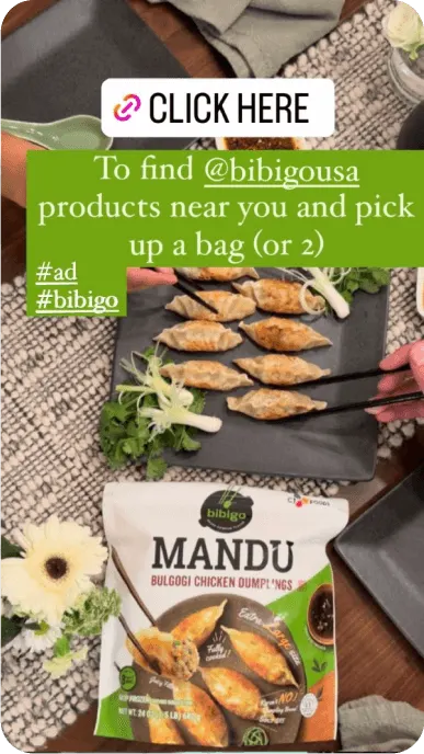 Instagram still with a link to find a store selling Mandu bulgogi chicken dumplings