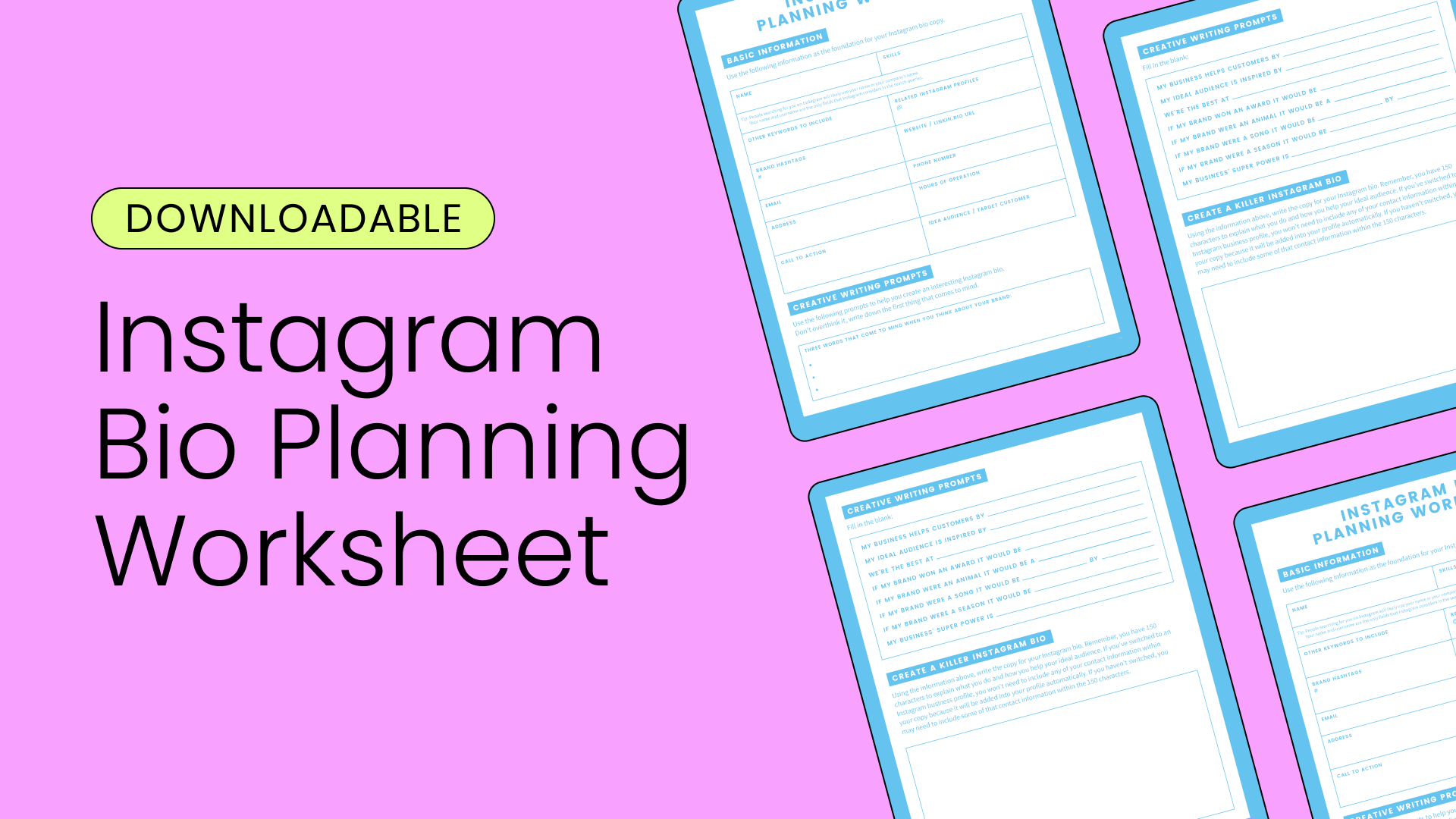 Image reading Downloadable Instagram Bio Planning Worksheet with decorative image of worksheet