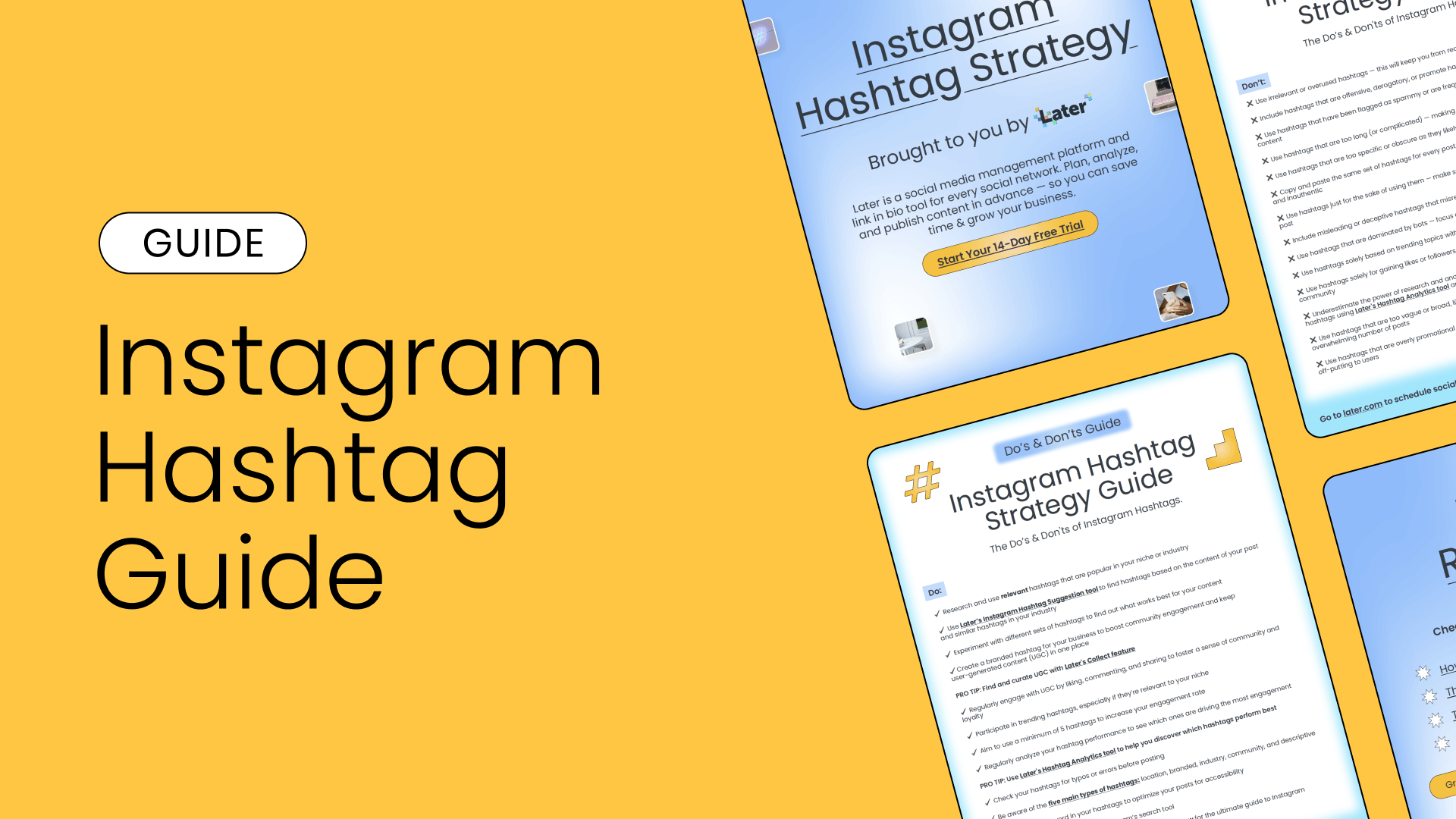 Decorative header for the free downloadable Instagram hashtag strategy guide from Later.