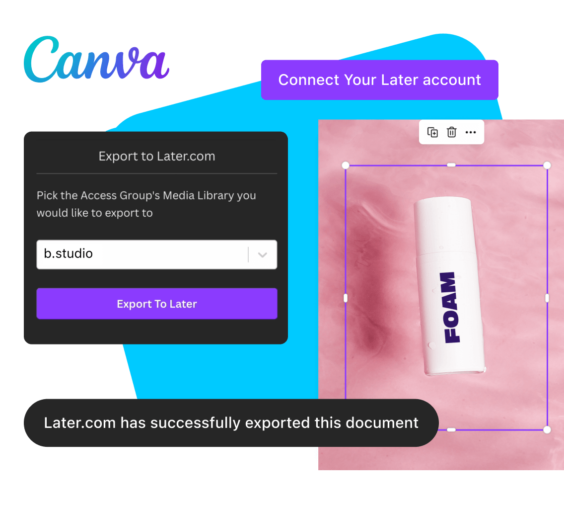 B Studio exports an image of new product on pink background from Canva to their Later account