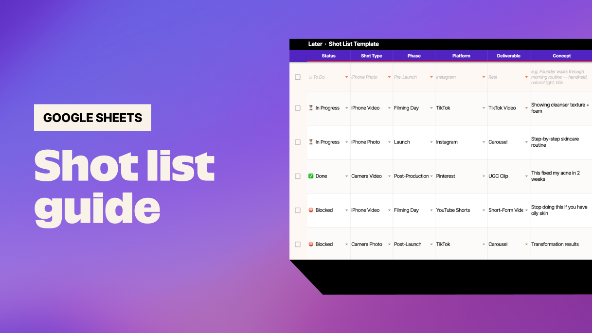Shot list template for content creation thumbnail