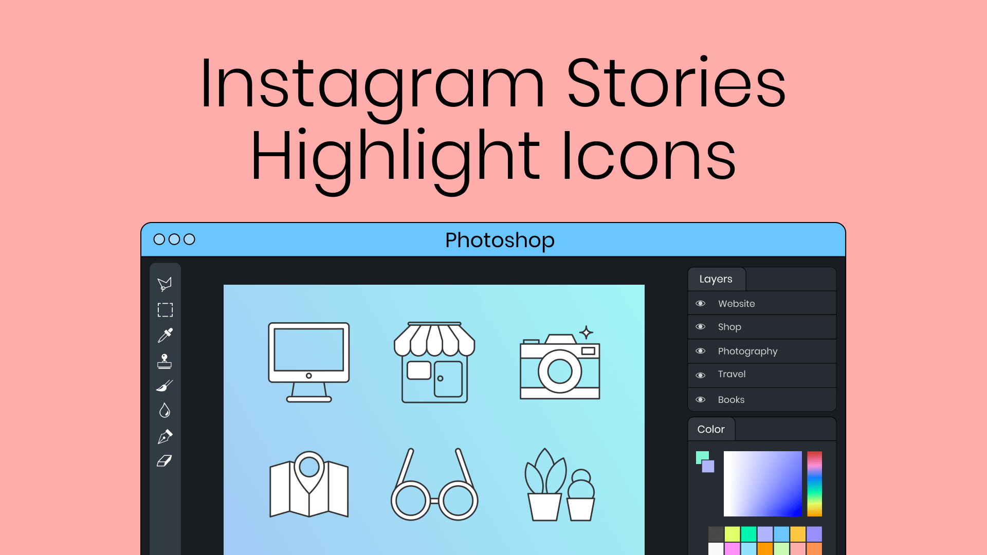 Thumbnail image showing different highlight icons to use in Instagram Stories, including icons of glasses, plants, and more