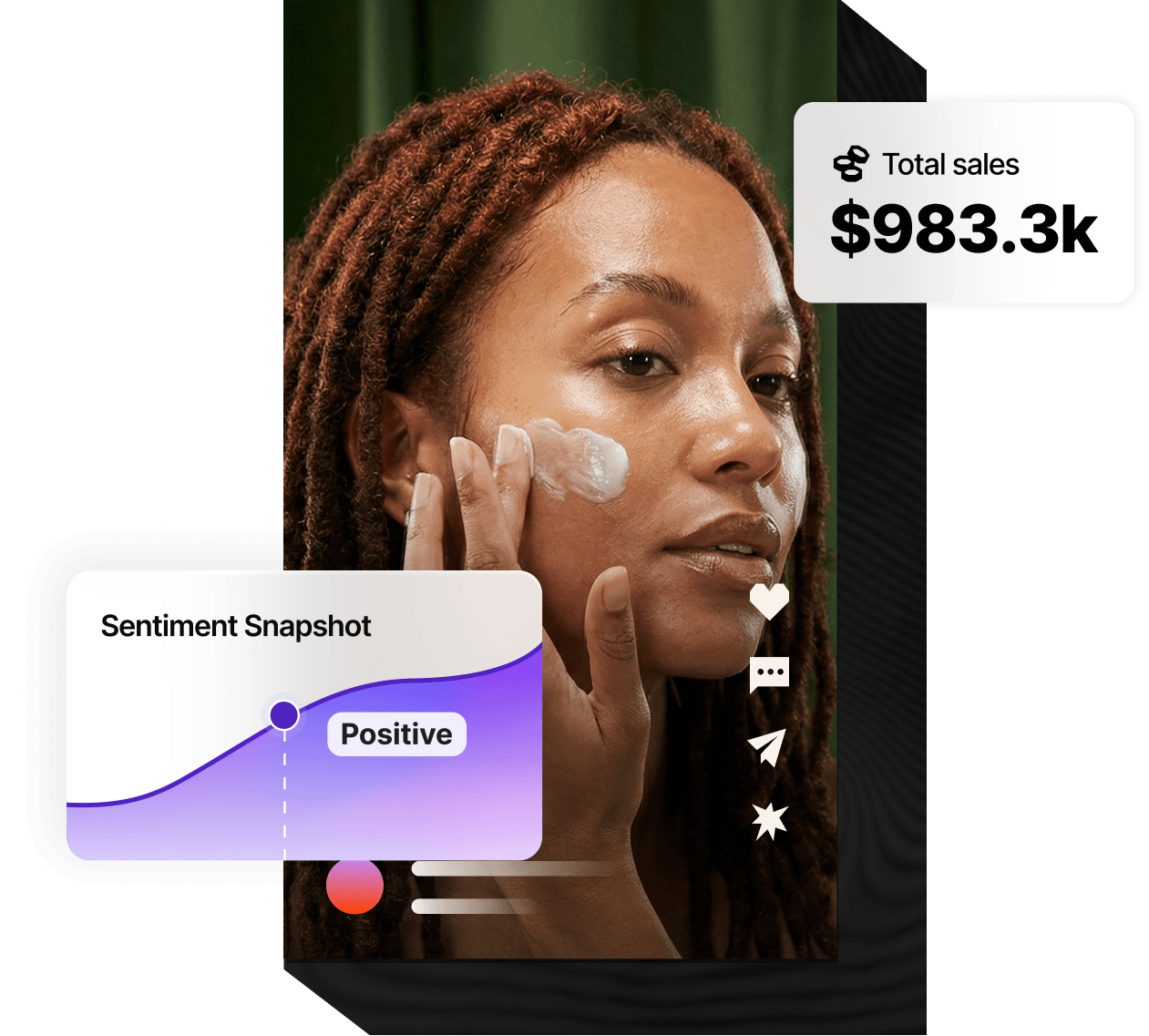 Two women working for a fashion & beauty brand in a creative office with an overlay of the Later influencer marketing analytics dashboard showing Performance Over Time