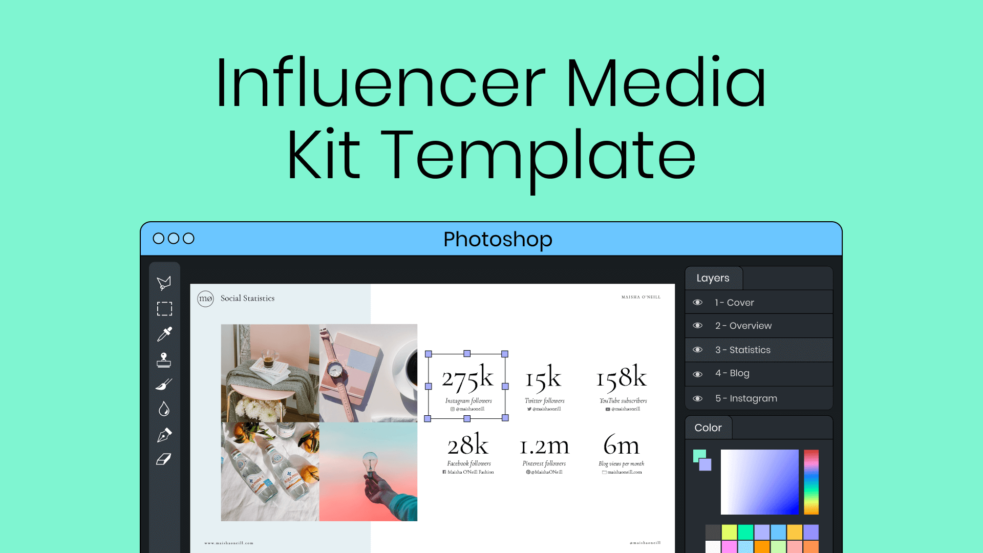 Image reading Influencer Media Kit Template with graphic of the template being created using photoshop
