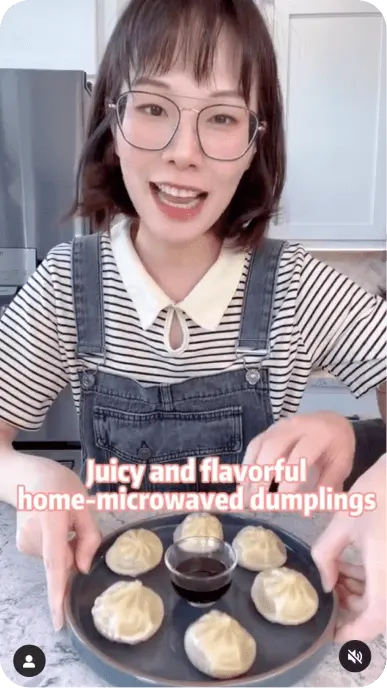 Creator with glasses posts Instagram story promoting bibigo juicy and flavorful dumplings