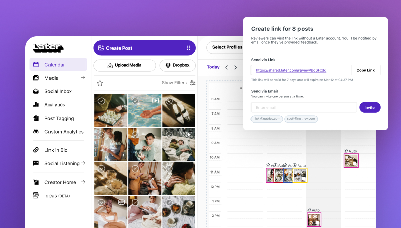  Later's shared content calendar displaying scheduled posts, team notes, and a log of recent activity.