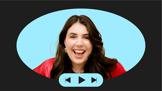 Smiling woman in red blouse on blue background framed in an oval, with video playback controls, representing a paused or on-demand webinar or video tutorial.