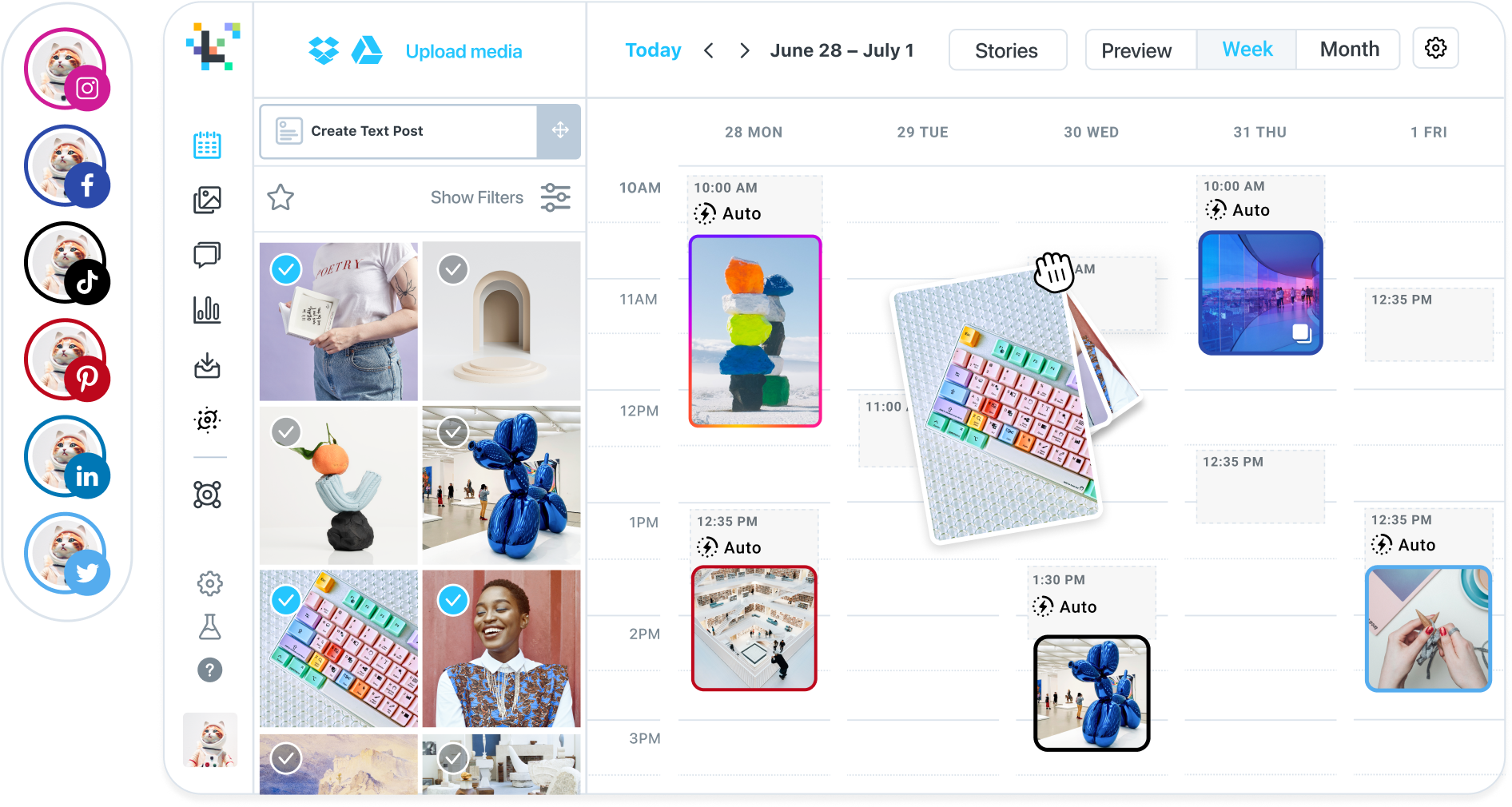Later social media management platform highlighting the visual content calendar and Media Library