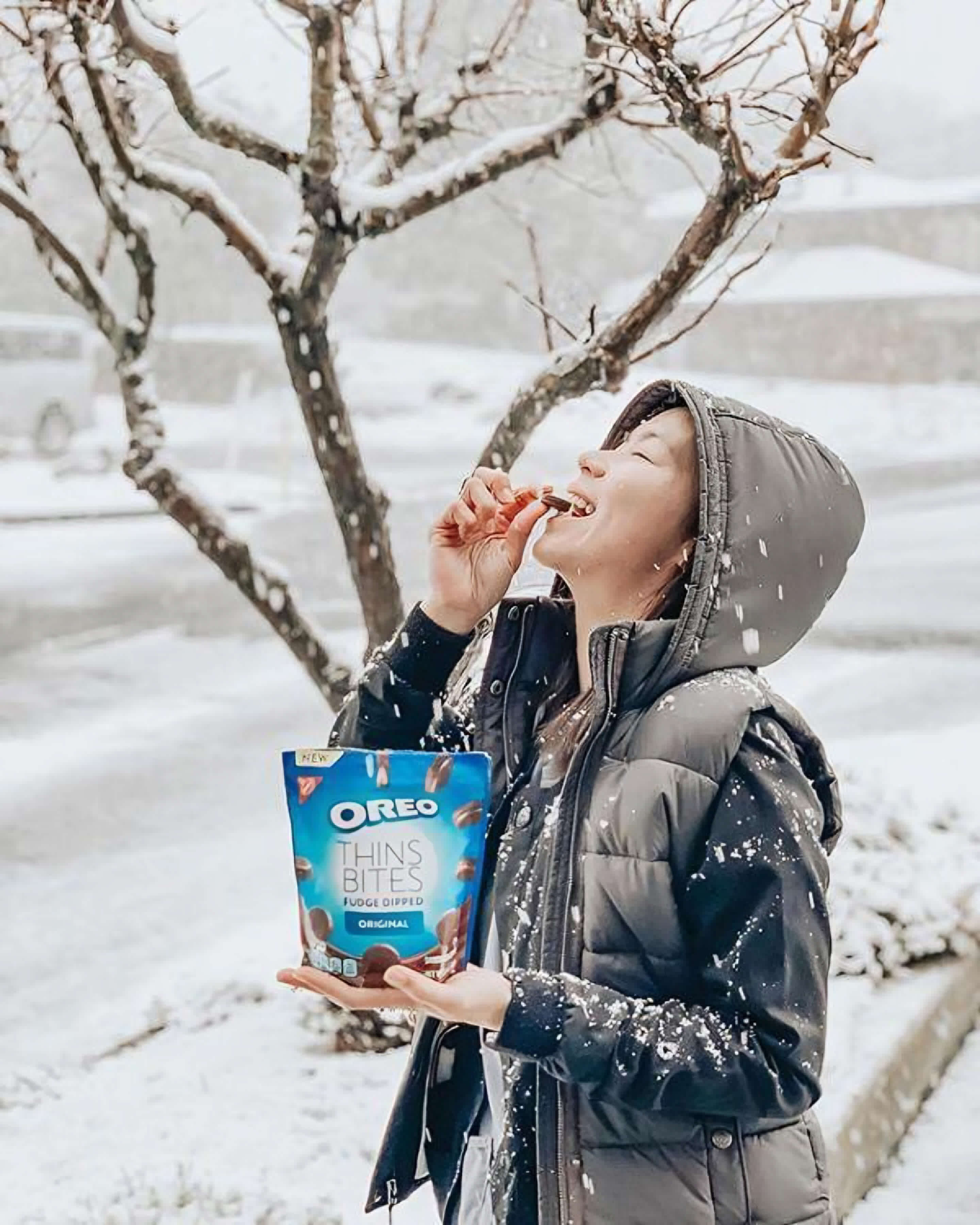 Key campaign results next to image of woman influencer holding a bag Oreo Thins Bites
