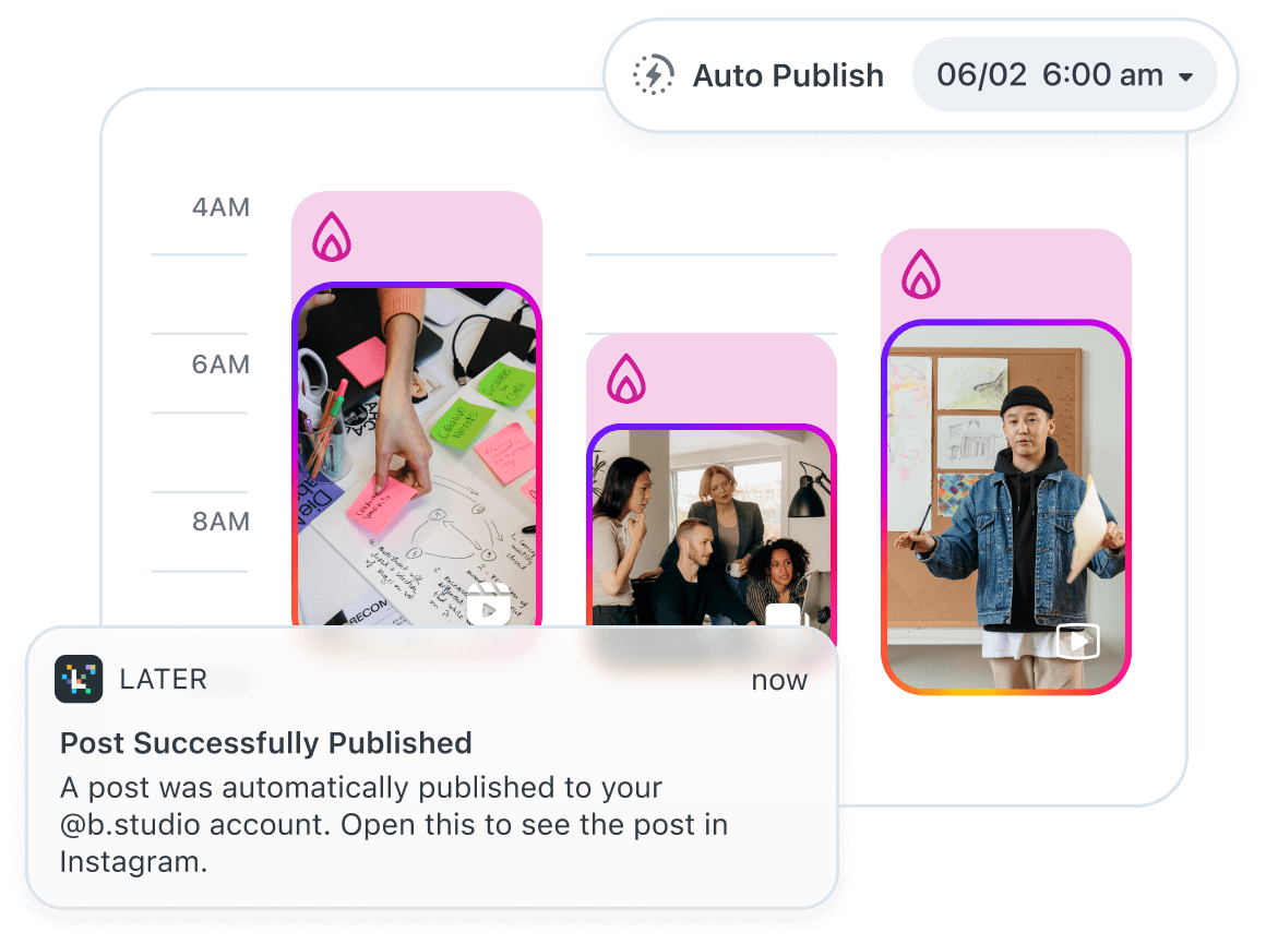B Studio uses Later to auto publish 1 Instagram reel, 1 carousel post, and a TikTok at their best times to post