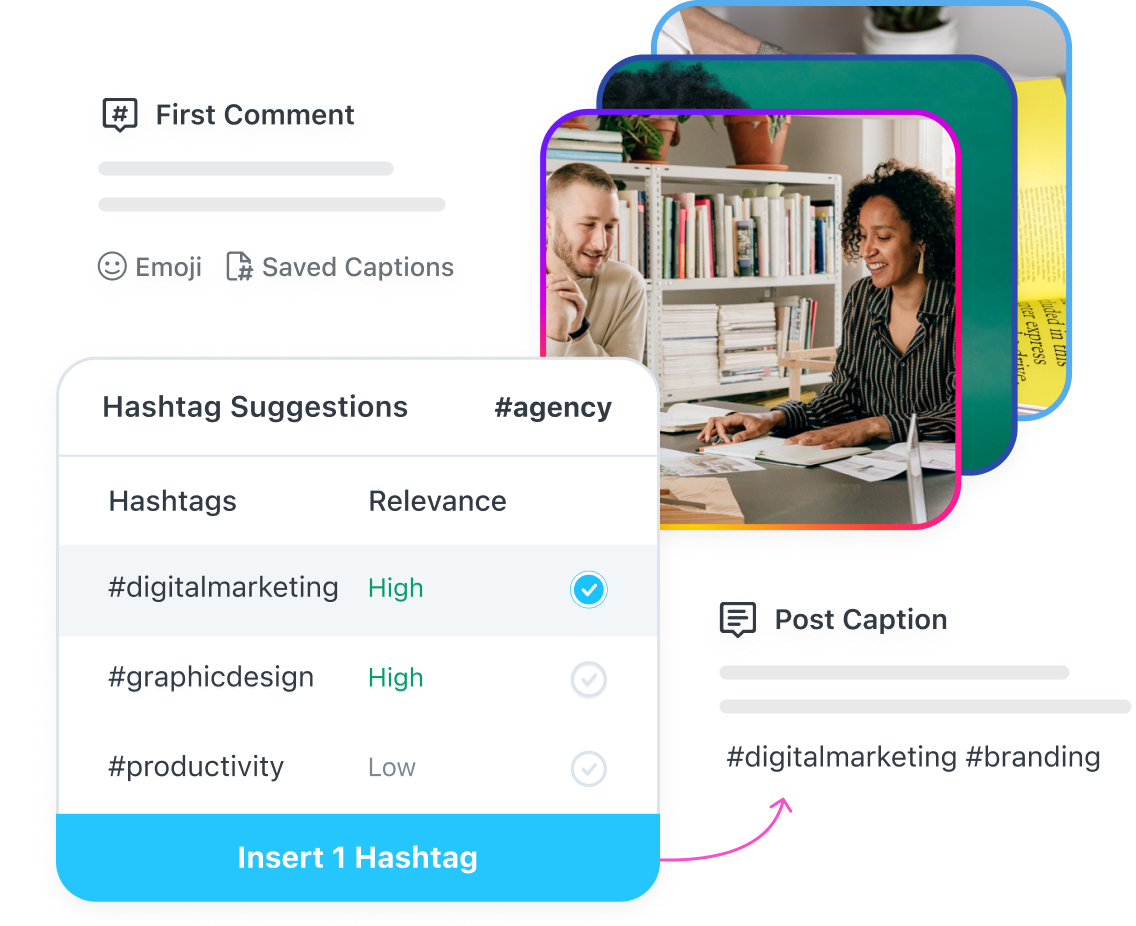 Laters hashtag tools include Hashtag Suggestions and a scheduled first comment containing your posts hashtags