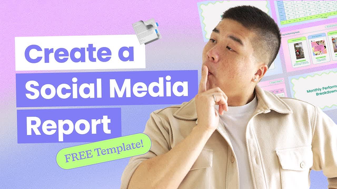 Thumbnail image showing the title “create a social media report, free  template” beside a headshot of a man thinking