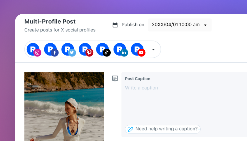 A single post scheduled across Instagram, TikTok, and Facebook, with Best Time to Post highlighting recommended posting times.