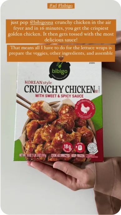 Instagram still explaining how to make bibigo Korean style crunchy chicken dumplings over photo of packaging