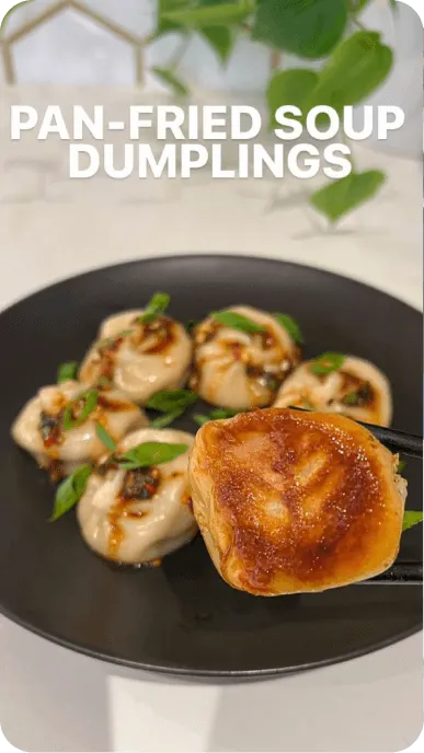 Instagram post of bibigo dumplings with text reading pan fried soup dumplings